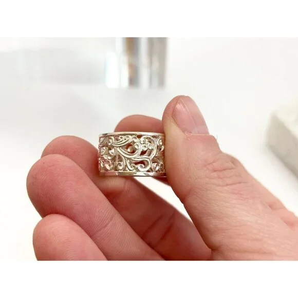 Ornate Cutout Floral Straight Chunky 925 Sterling Silver Vintage Ring - sz 6 - Picture 8 of 11